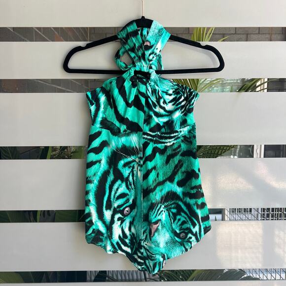 Karen Millen Turquoise Black Tiger Satin Tunic Top Size US 2 - Picture 3 of 8